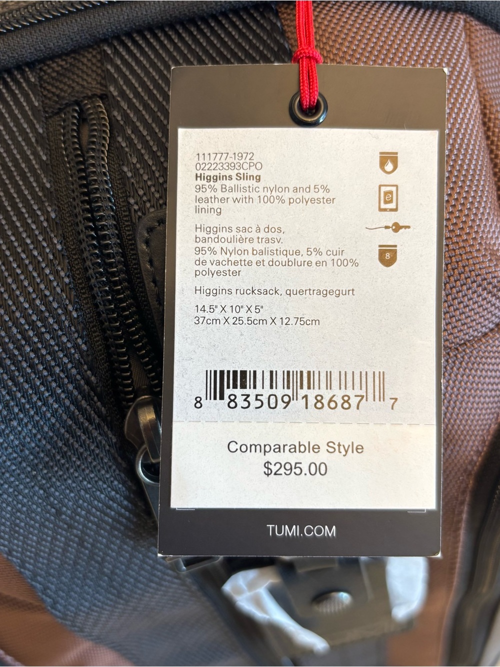 TUMI Higgins men’s sling pack black brown colorblock multi bag NEW - Picture 3 of 12